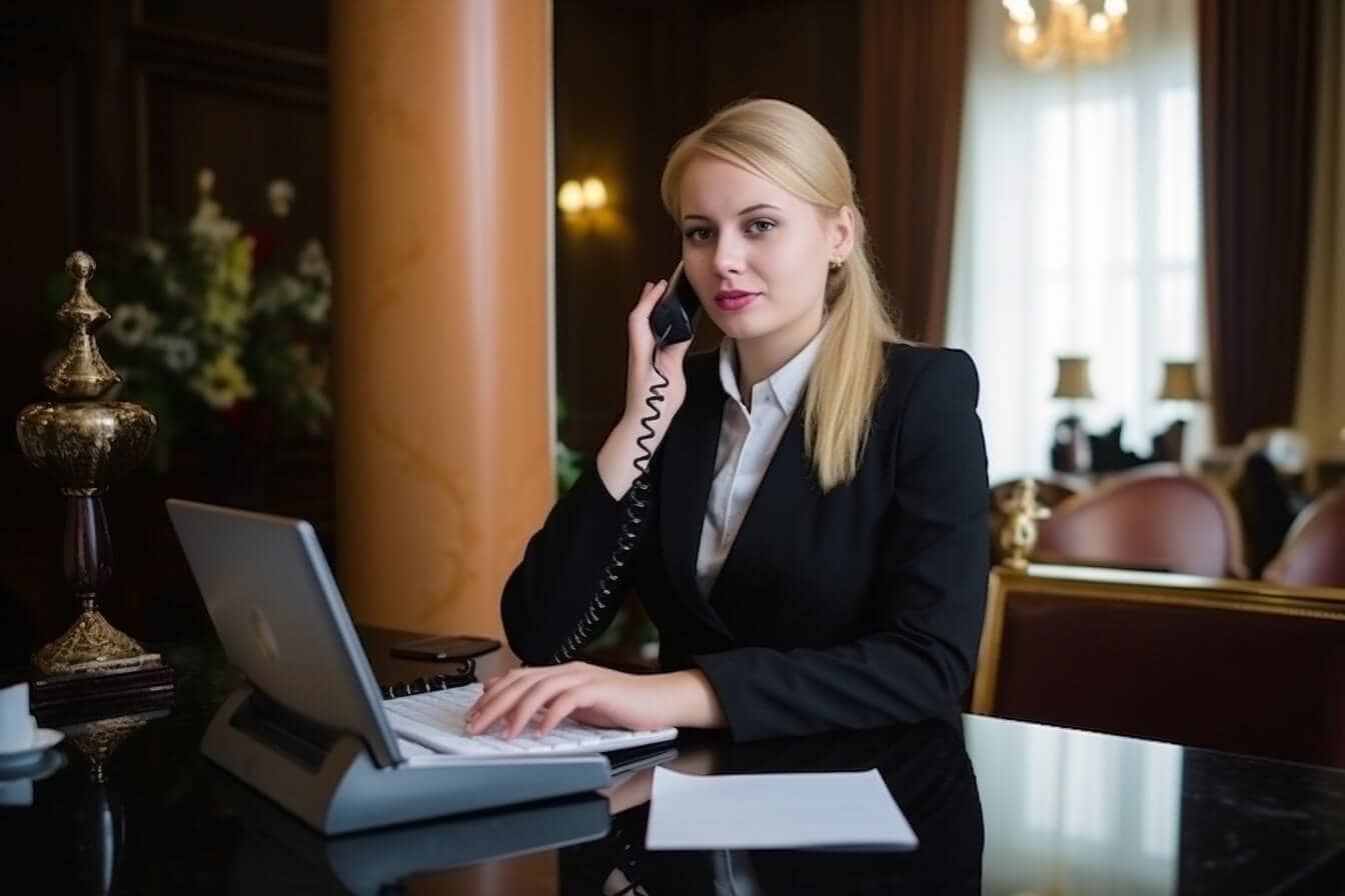 Symbolbild Telefonknigge - Telefontipps: Eine Rezeptionistin telefoniert.