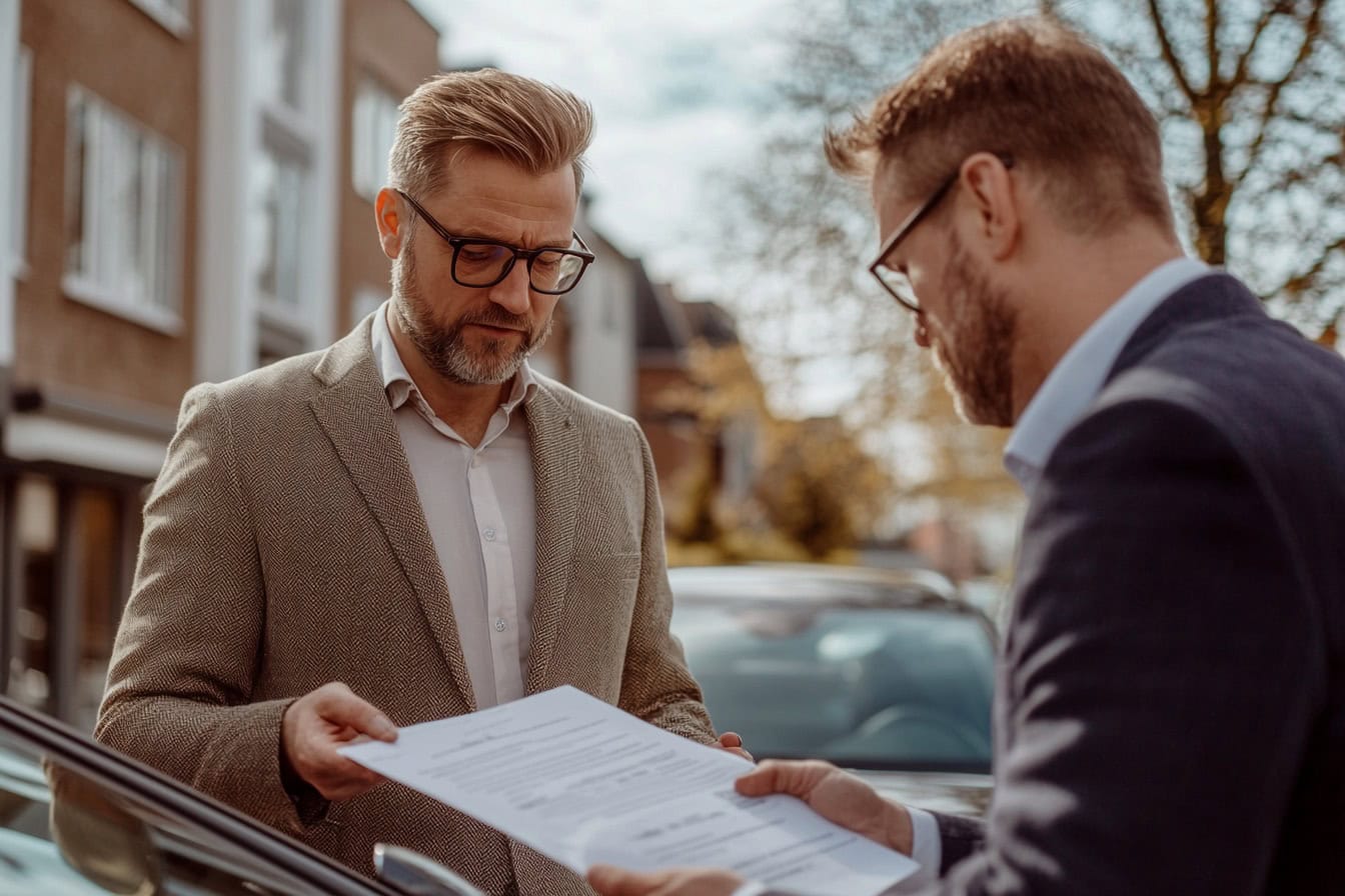 Symbolbild Angebotsgestaltung: Ein Verkäufer erklärt seinem Kunden sein schriftliches Angebot.