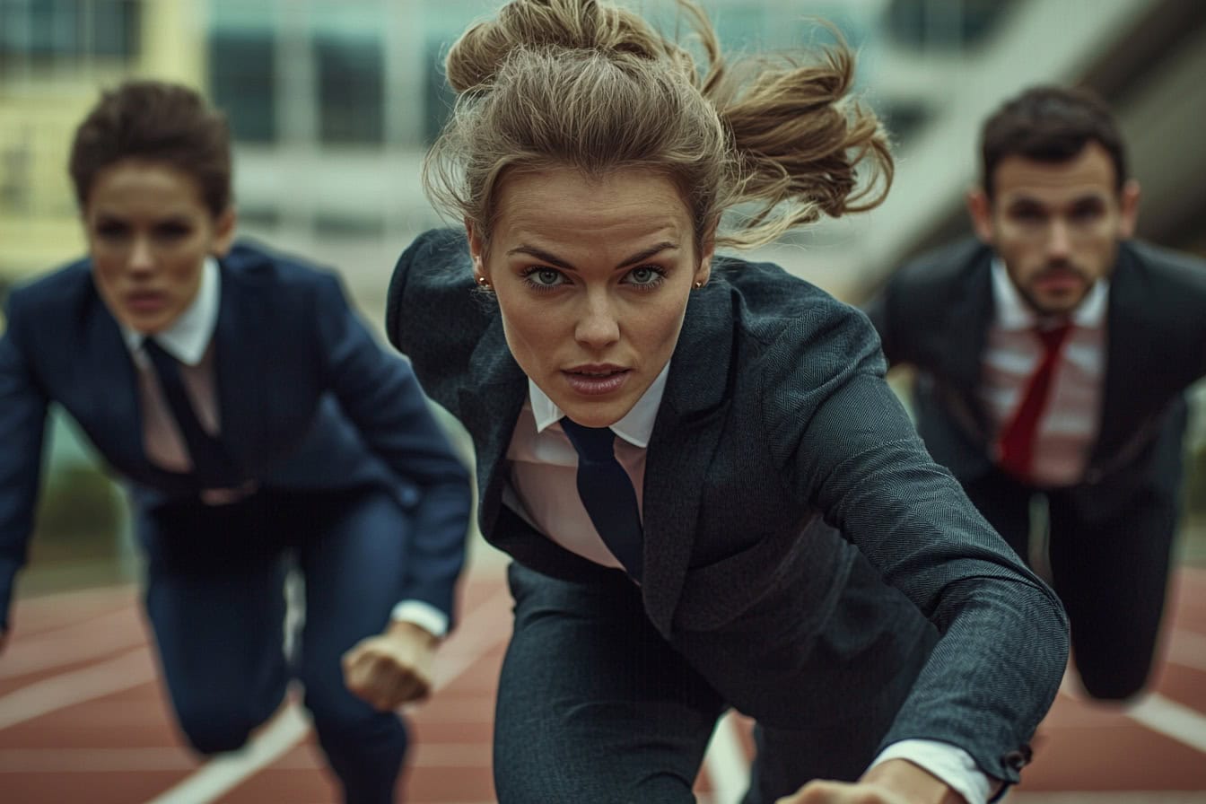 Symbolbild Verkaufswettbewerb: Sportler in Businesskleidung bei einem Wettlauf.