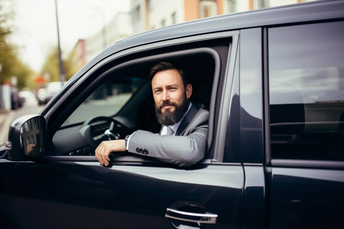 Symbolbild Aussendienst Coaching: Ein Außendienstmitarbeiter schaut zufrieden aus seinen Firmenwagen.
