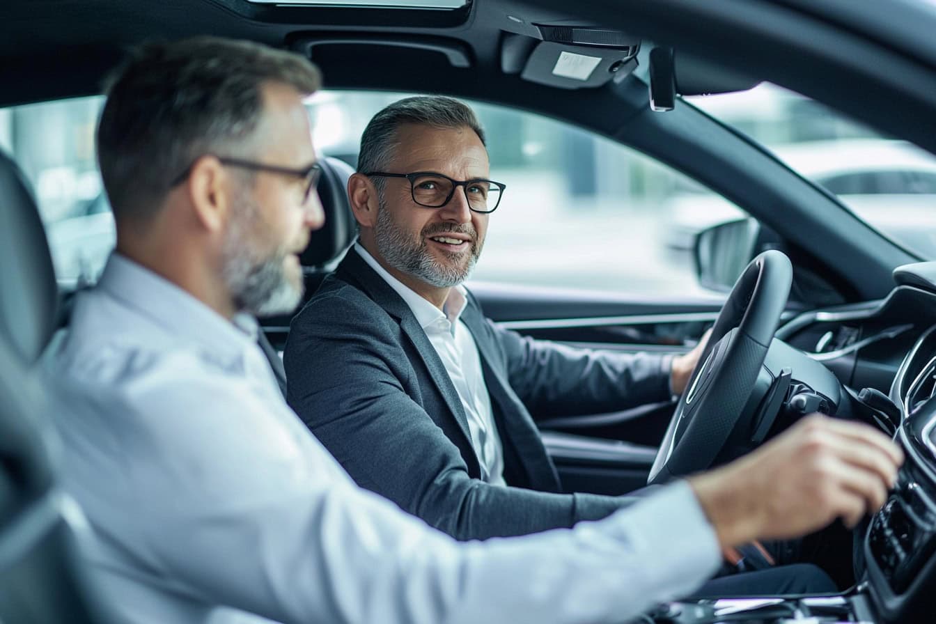 Symbolbild Begleitung Aussendienst: Zwei Vertriebsmitarbeiter im Firmenwagen.