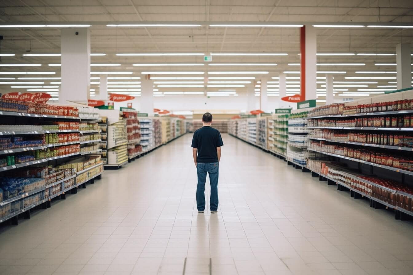 Symbolbild Mitarbeiter verkaufen nicht: Kunde alleine in einem großen Supermarkt.