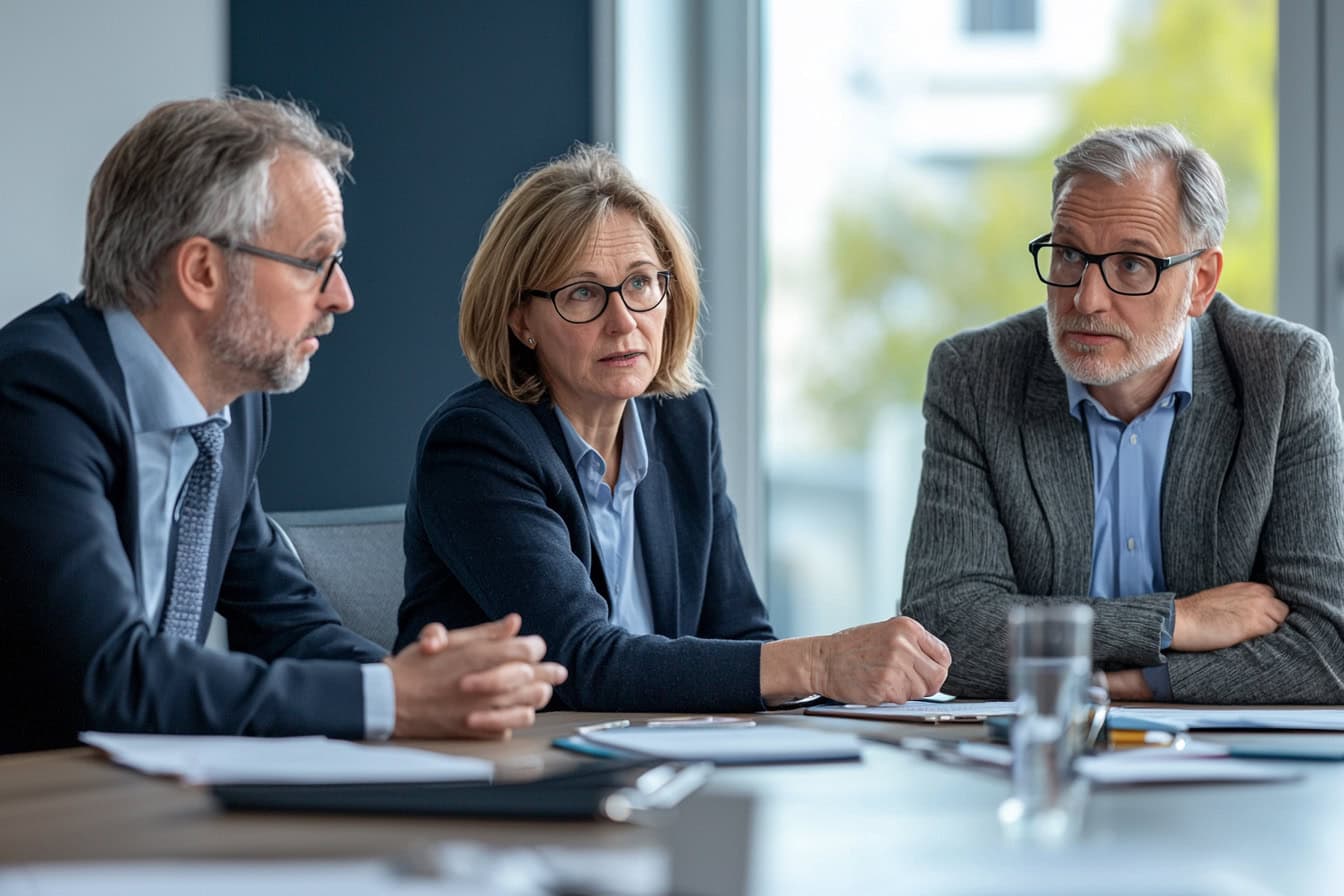 Symbolbild Kunden überzeugen: 3 Geschäftsleute am Tisch im Dialog.