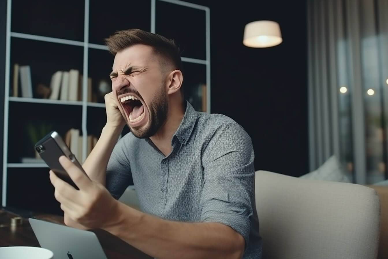 Symbolbild Kundenreklamation: Mann schreit in sein Handy.