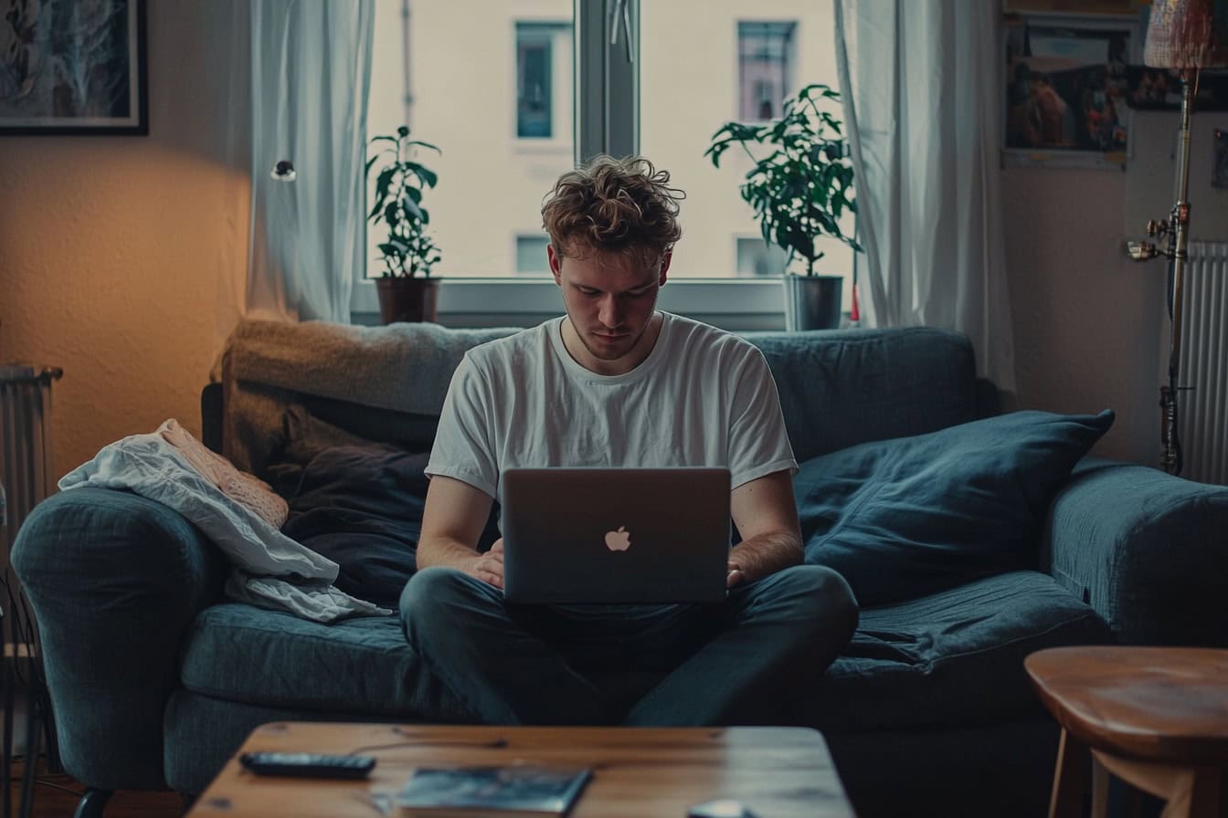 Symbolbild Verkaufskompetenz steigern: Ein junger Mann arbeitet zuhause an seinem Computer.
