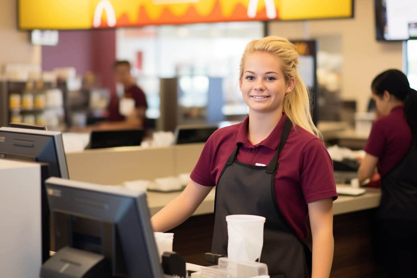 Symbolbild Zusatzverkauf: Mitarbeiterin eines Schnellrestaurants an der Kasse.