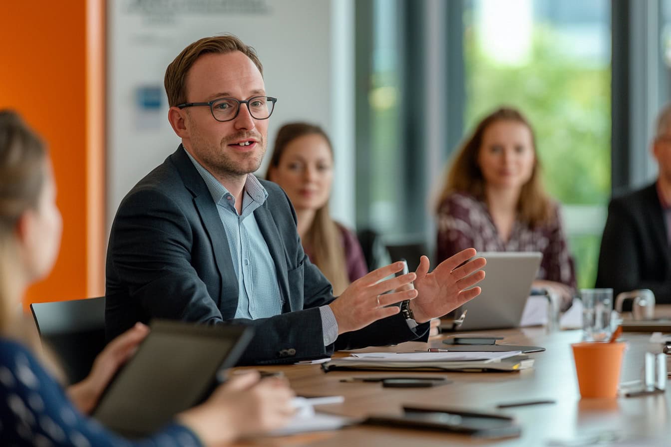 Symbolbild Vertriebsworkshop: Ein Vertriebsleiter erklärt vor einer Gruppe von Mitarbeitern den Ablauf des Workshops für sein Vertriebsteam.