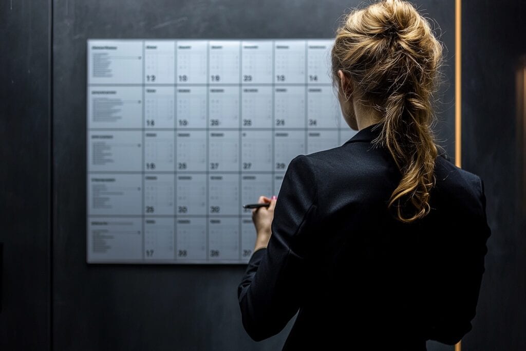 Symbolbild: Frau vor einem leeren Wandkalender.