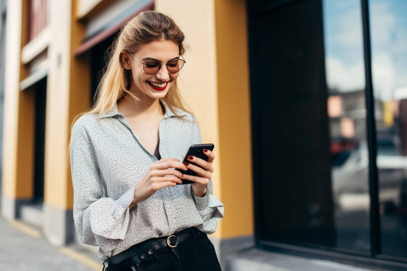 Symbolbild Social Selling: Eine junge Frau schaut auf ihr Smartphone.