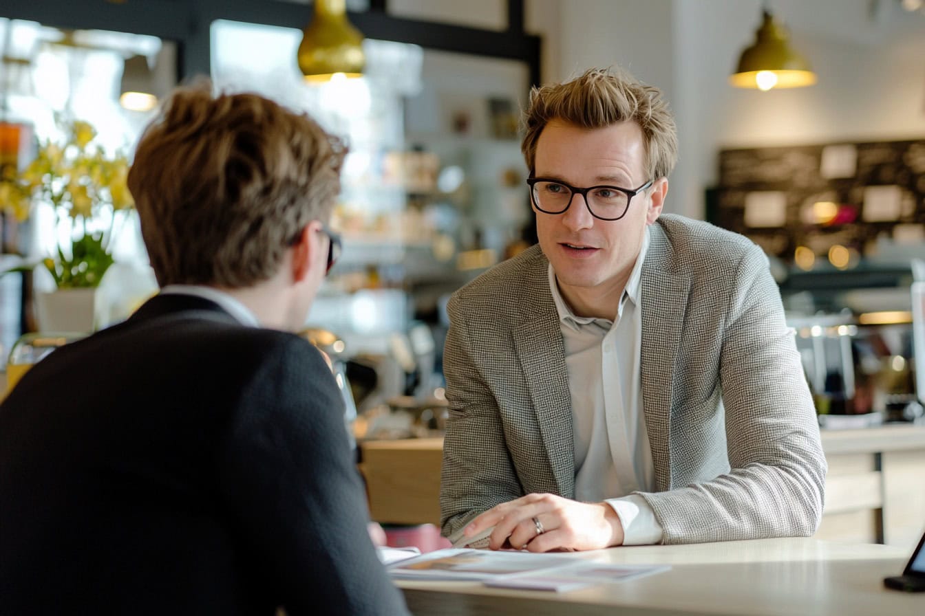Symbolbild Verkaufsverhandlung bzw. Verhandlungstipps: Zwei Männer sitzen am Tisch und führen ein Verhandlungsgespräch.