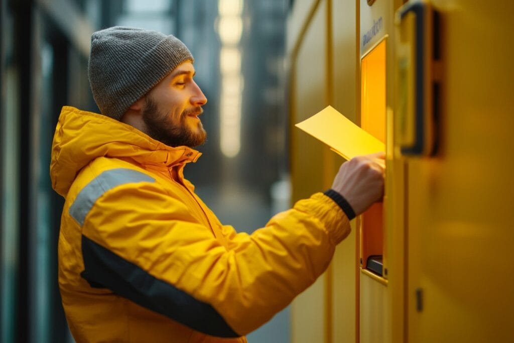 Symbolbild Adressen kaufen: Ein Postbote steckt Briefe in einen Briefkasten.