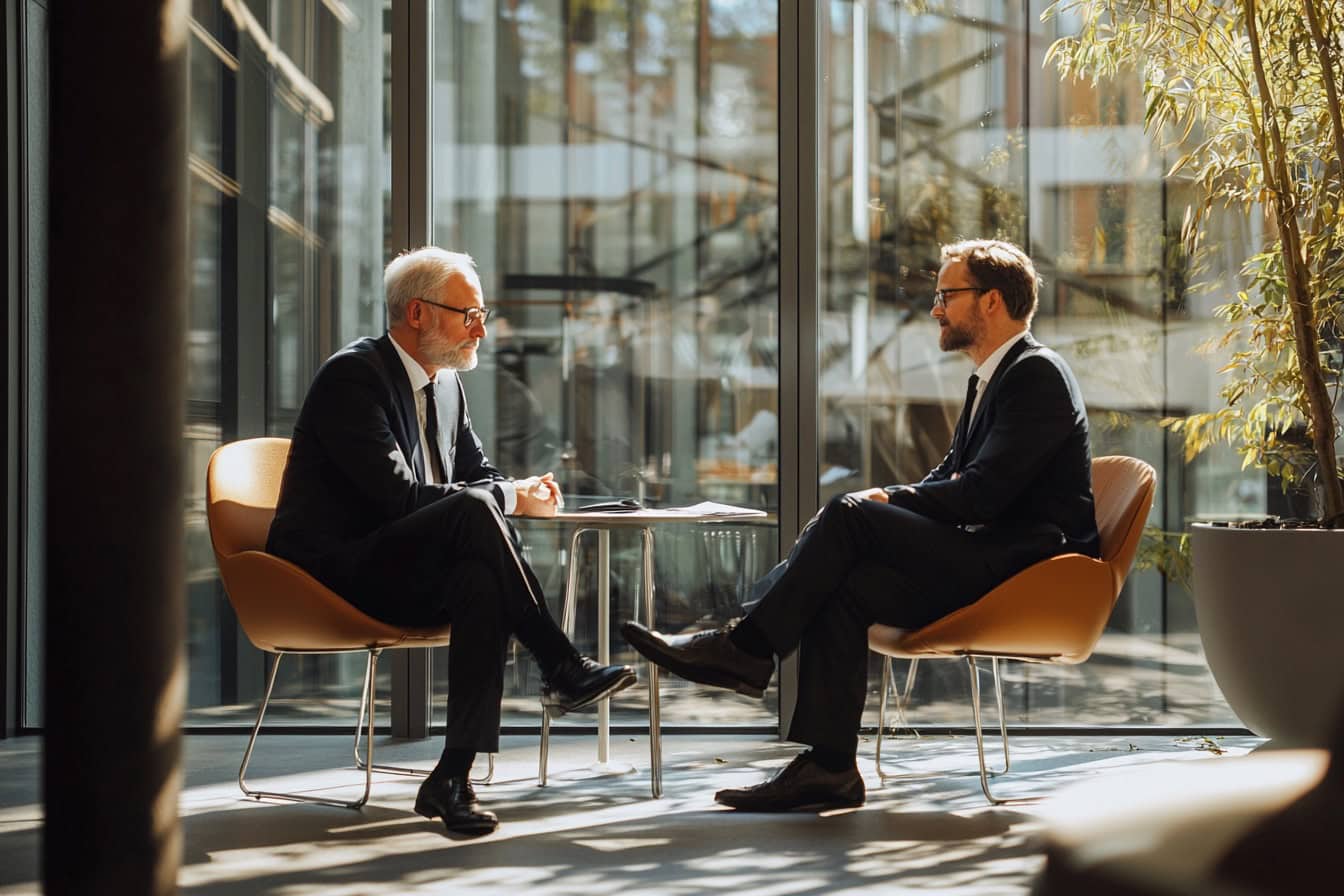 Symbolbild Gehaltsverhandlung Vertrieb und Verkauf: Zwei Geschäftsleute sitzen vor einem großen Fenster im Besprechungsraum.