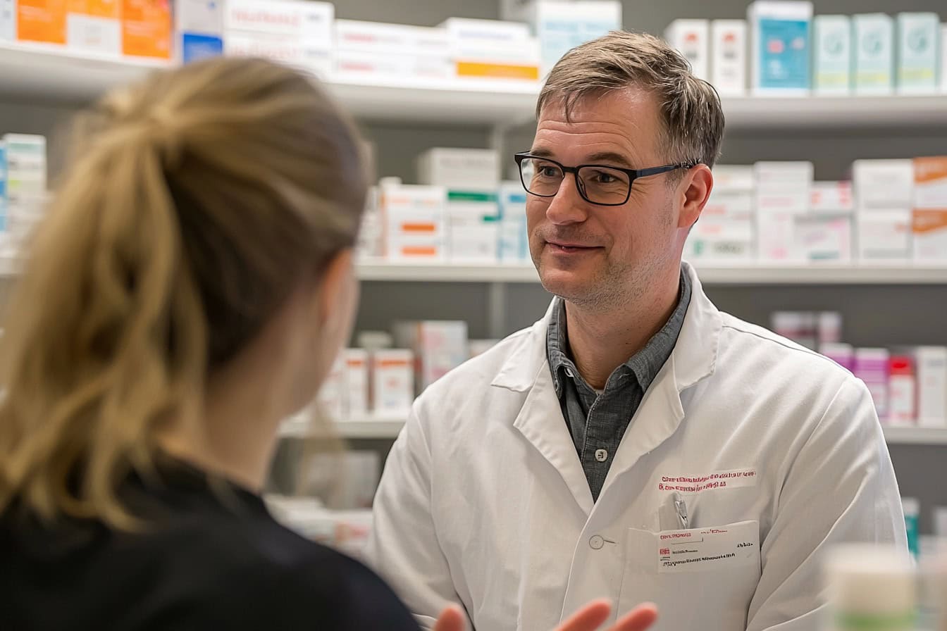 Symbolbild Gesprächsführung im Vertrieb: Ein Apotheker führt ein Kundengespräch.