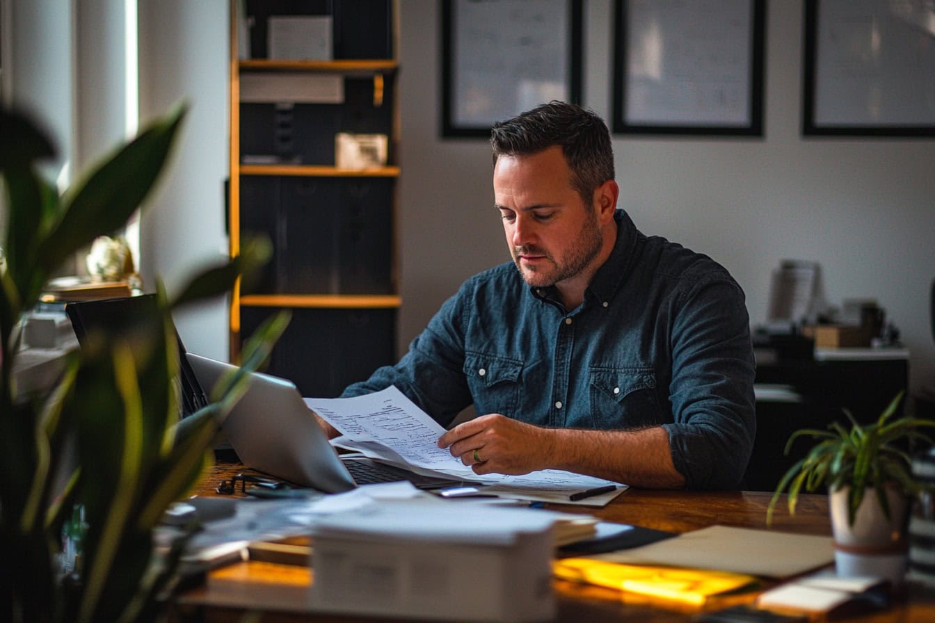 Symbolbild Gesprächsvorbereitung Vertrieb: Ein Mann sitzt in seinem Homeoffice am Schreibtisch und bereitet ein Gespräch vor.