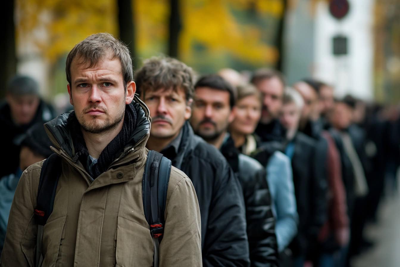 Symbolbild Recruiting von Vertriebsmitarbeitern: Eine Menschenschlange mit potenziellen Kandidaten wartet vor einem Betrieb.