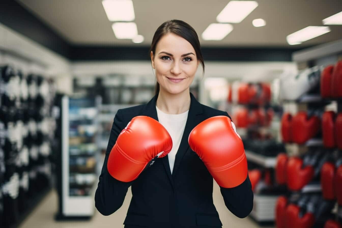 Symbolbild Schlagfertigkeit im Vertrieb: Frau mit Boxhandschuhen.