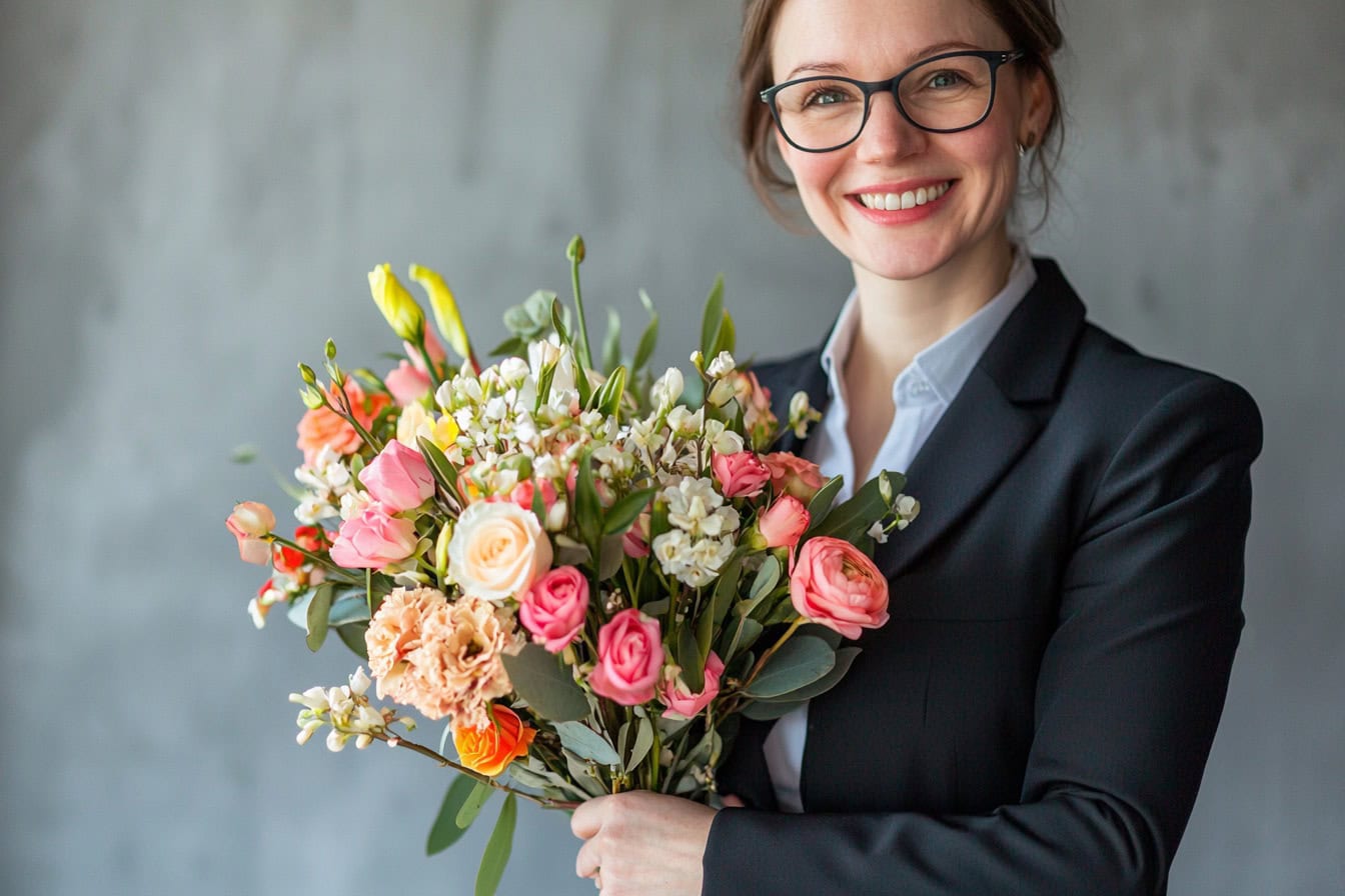 Symbolbild Spitzenverkäufer: Eine Frau hält strahlend einen Blumenstrauß in ihren Händen.