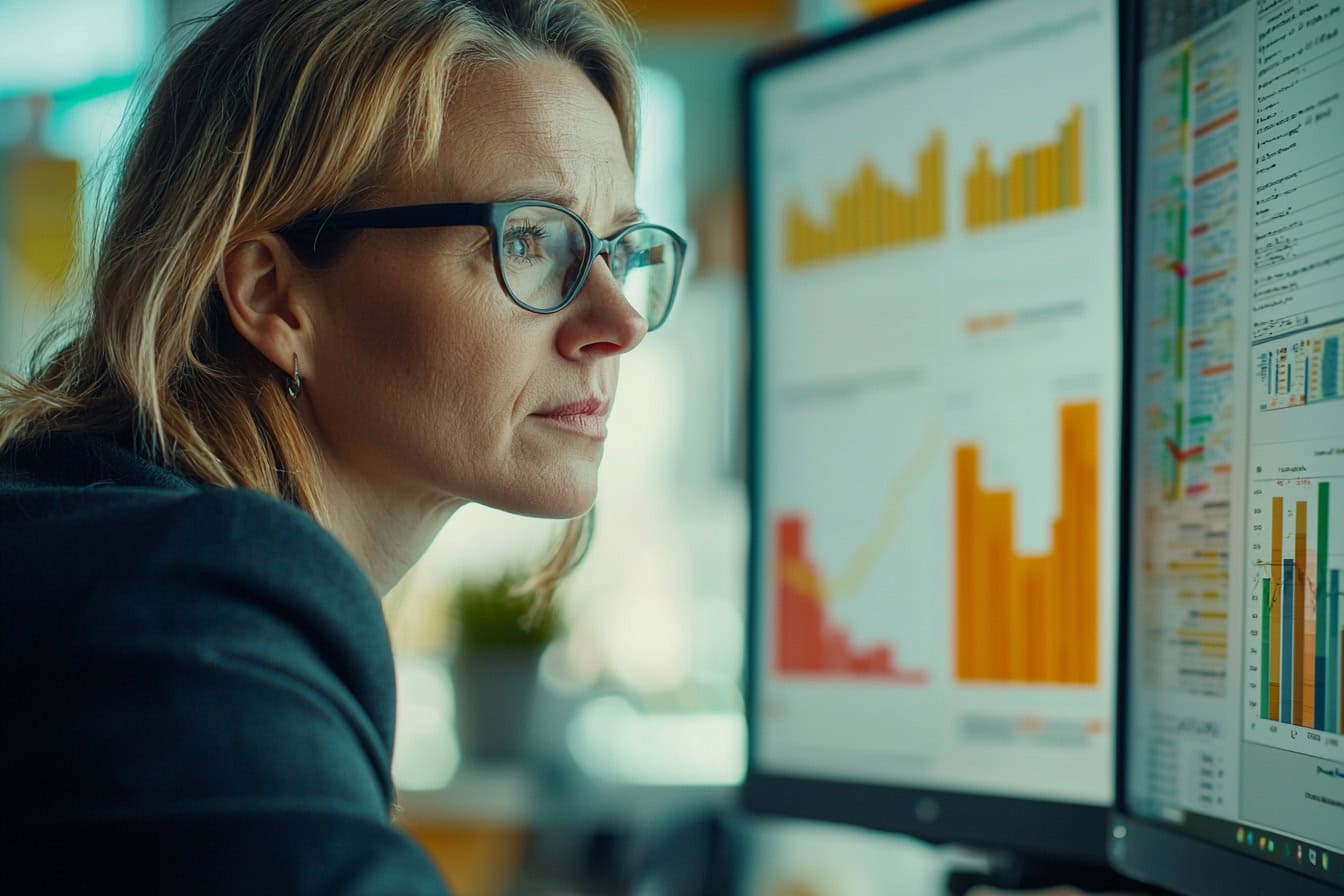 Symbolbild Vertriebskennzahlen bzw. Vertriebskennziffern: Frau analyisert Diagramme am Computer.