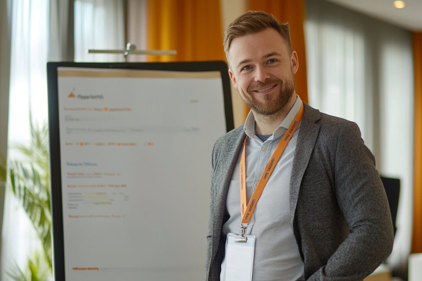 Symbolbild Vertriebsstrategie: Ein junger Mann an einem Flipchart.