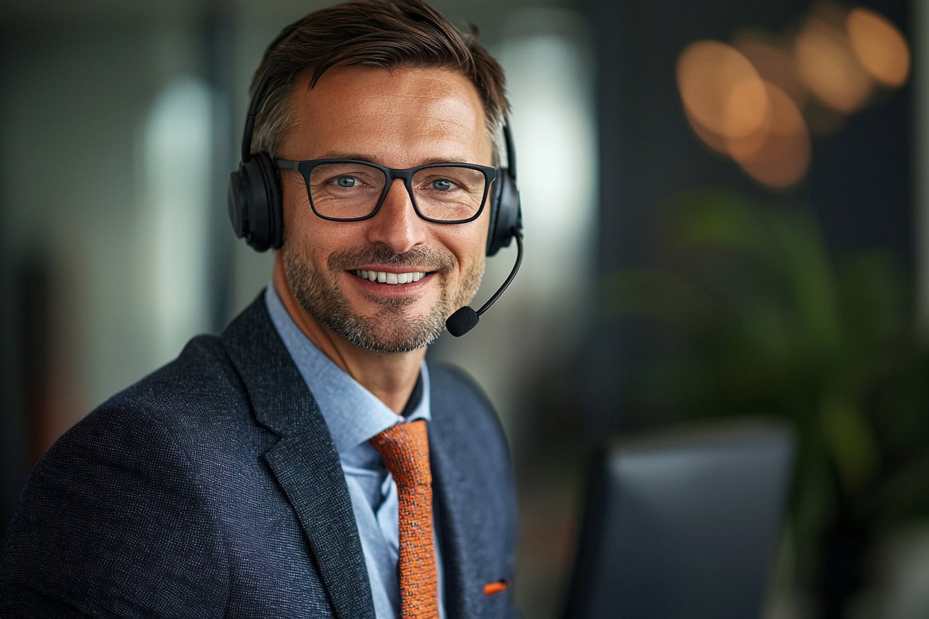 Symbolbild Cold Call bzw. Kaltanruf: Mann im Anzug mit Headset