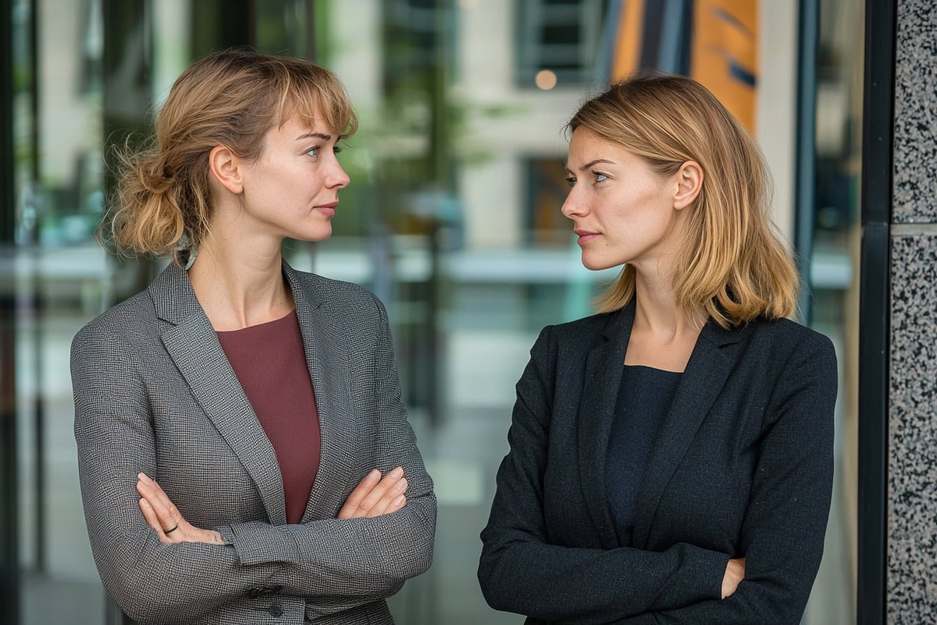 Symbolbild gute Verkäufer - schlechte Verkäufer: Zwei junge Frauen schauen sich an.