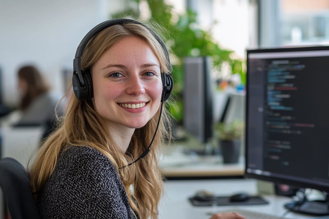 Symbolbild richtig telefonieren: Junge Frau mit Headset im Büro.