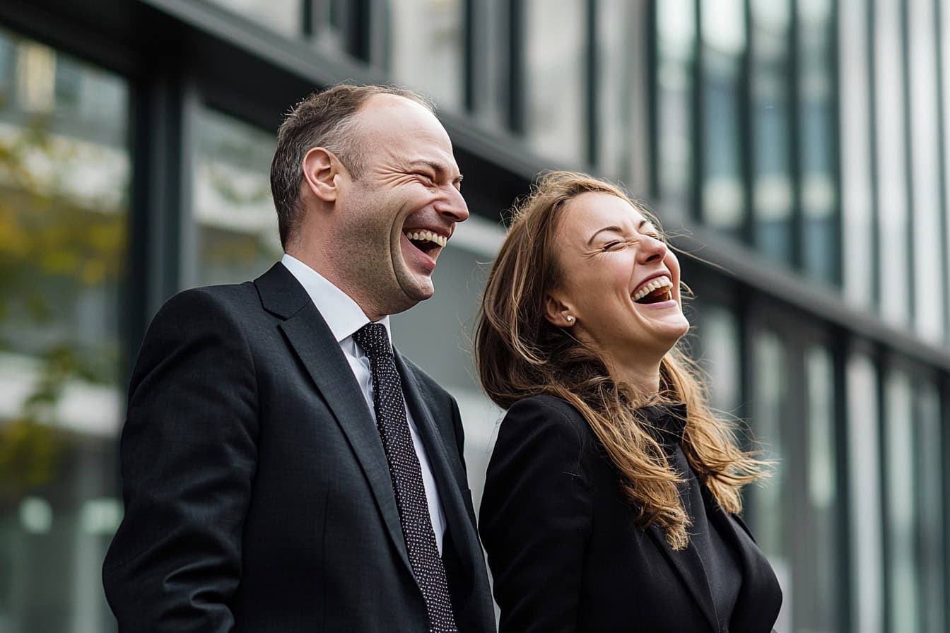 Symbolbild Vertreterwitze: Ein Mann und eine Frau in Business-Kleidung lachen herzhaft.
