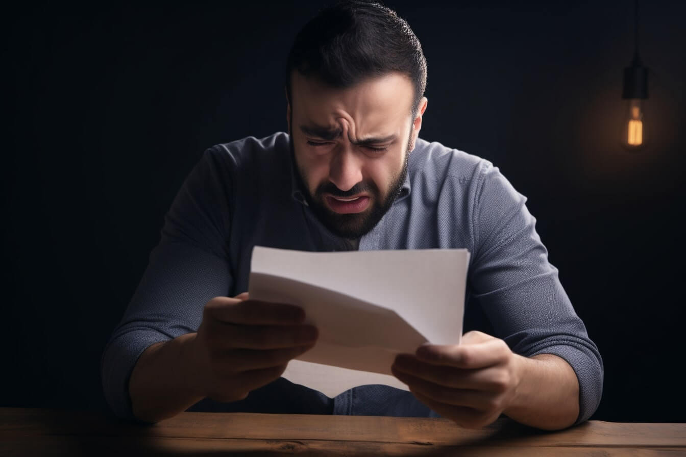 Symbolbild Kündigungsbestätigung: Mann liest entsetzt einen Brief.