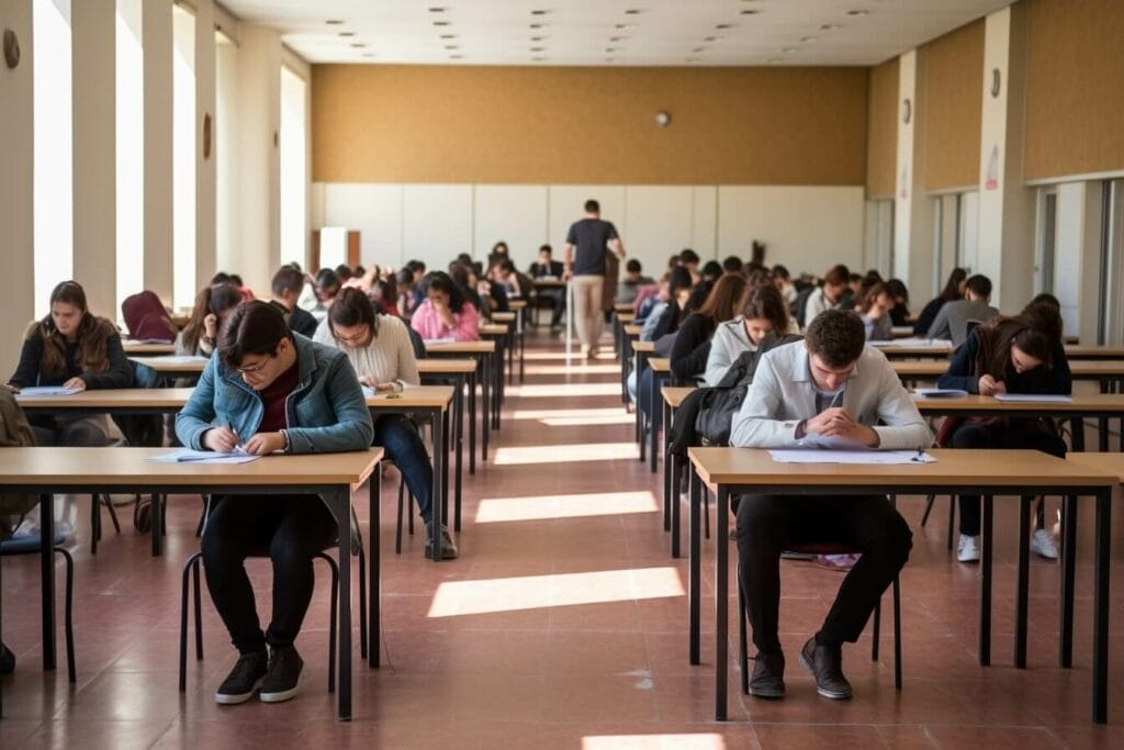 Symbolbild Test Vertriebsmitarbeiter: Zahlreiche Verkäufer sitzen an Tischen und machen einen Test.