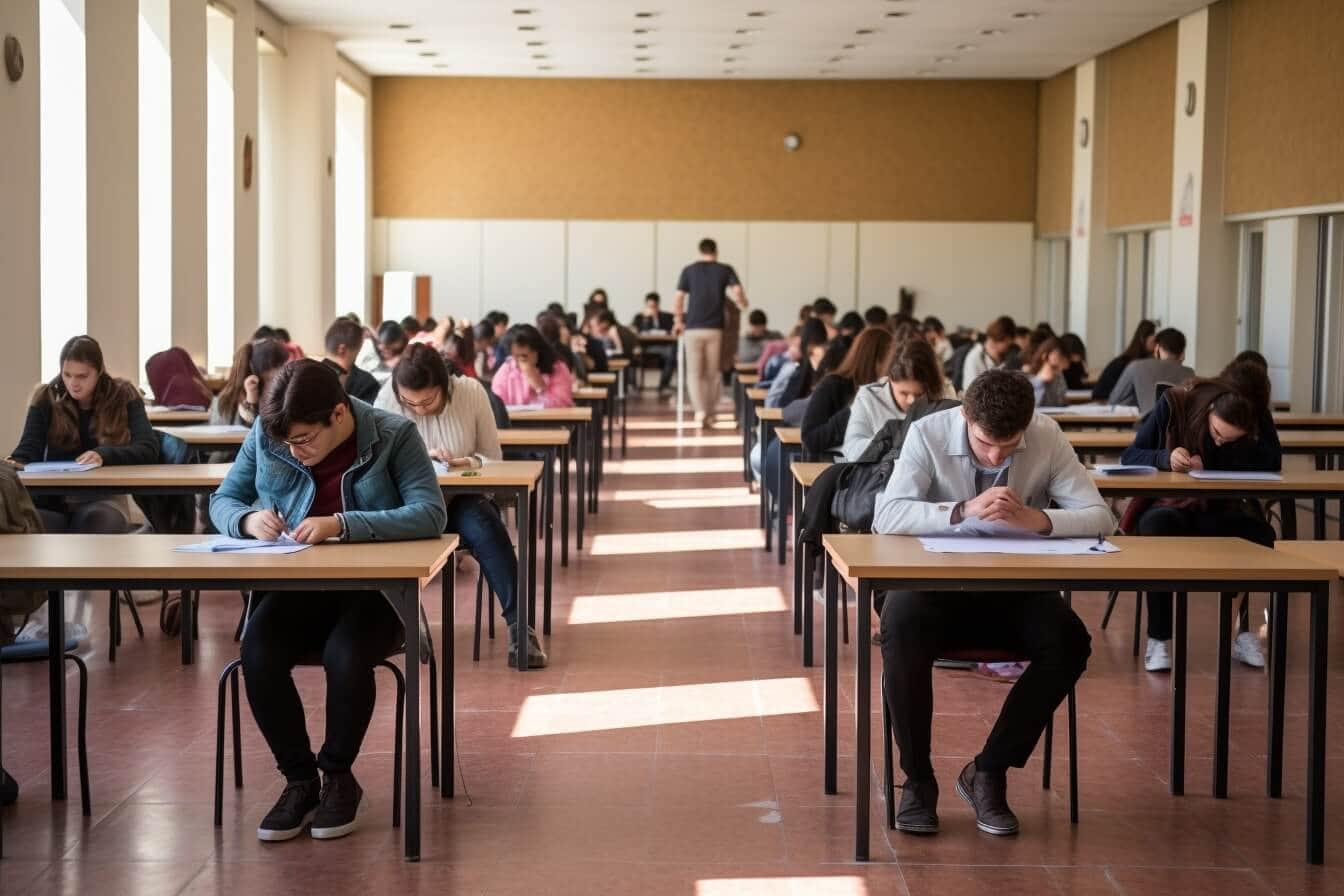 Symbolbild Test Vertriebsmitarbeiter: Zahlreiche Verkäufer sitzen an Tischen und machen einen Test.