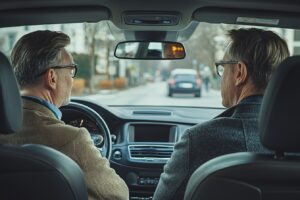 Symbolbild Mitreise Aussendienst: 2 ältere Außendienstmitarbeiter gemeinsam im Auto.