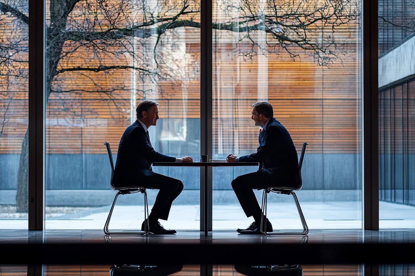 Symbolbild Verhandlungsgeschick steigern: 2 Geschäftsleute sitzen an einem Tisch vor einer großen Glasfront.