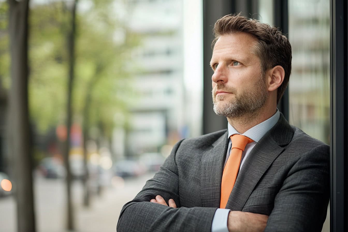 Symbolbild Anforderungen Vertriebsmitarbeiter. Ein Mann in Businesskleidung steht an einem Schaufenster.