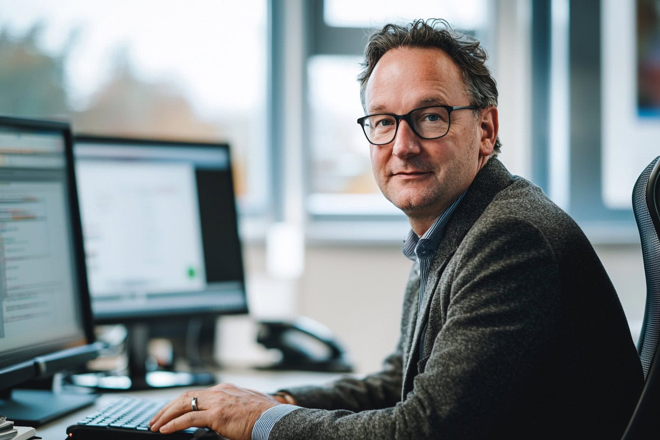 Symbolbild CRM-System nutzen: Mitarbeiter an seinem Computer im Büro.