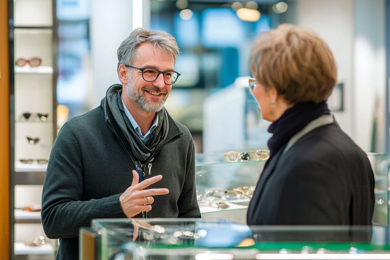 Symbolbild Cross Selling: Ein Kunde in einem Ladengeschäft, der von einer Verkäuferin beraten wird.