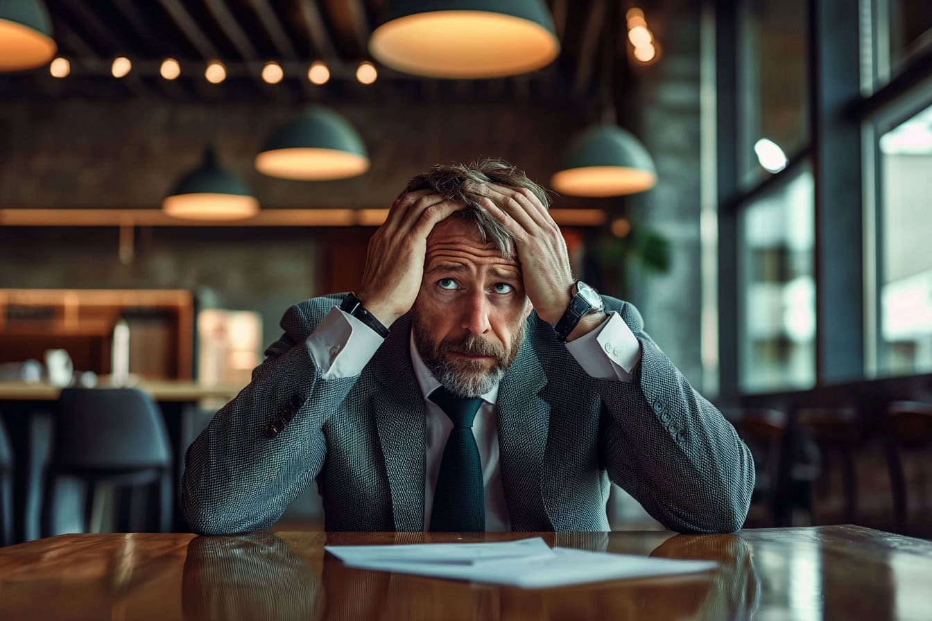 Symbolbild Karriere im Vertrieb: Älterer Herr in Businesskleidung schlägt verzweifelt die Hände über seinen Kopf zusammen.