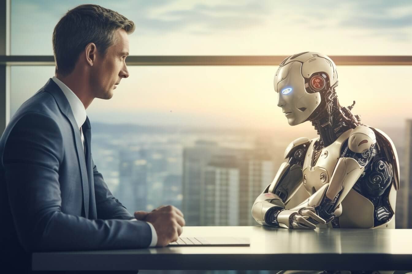 Symbolbild Künstliche Intelligenz im Vertrieb: Mann und Roboter an einem Tisch.