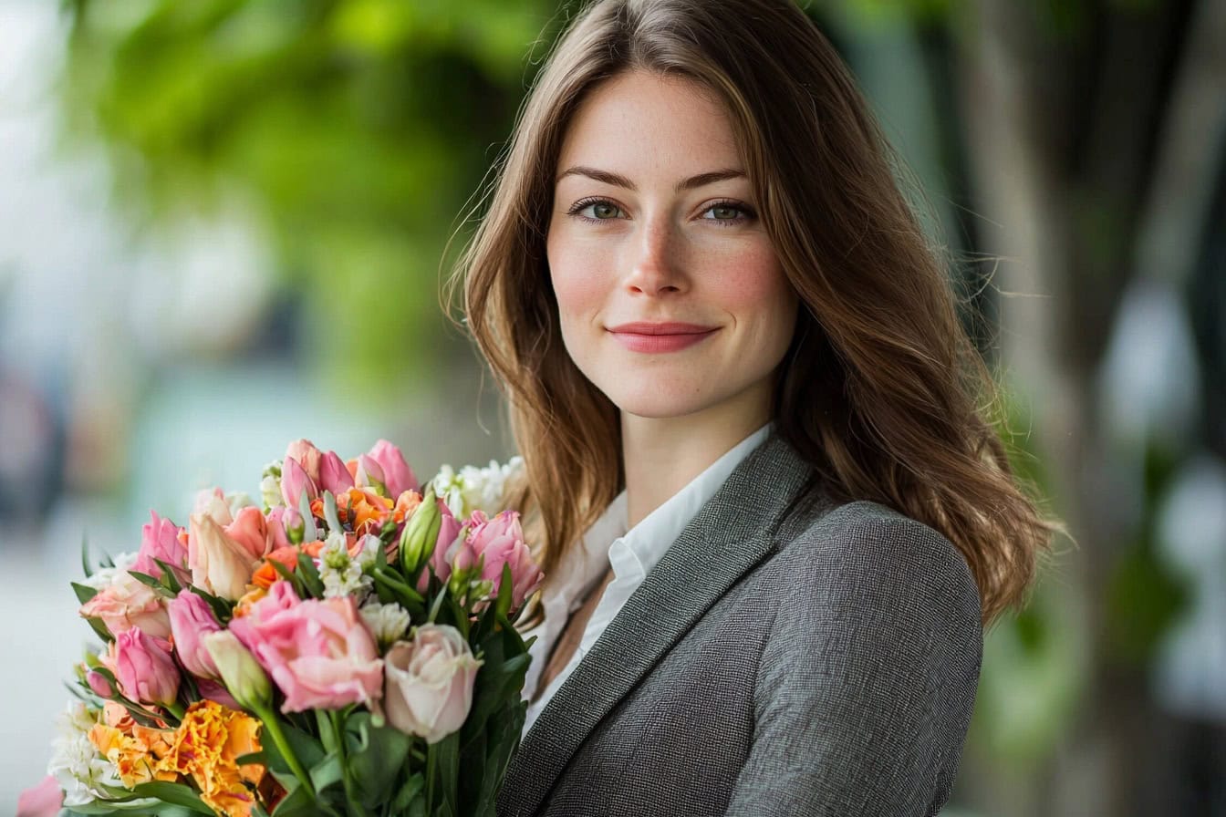 Symbolbild Kunden glücklich: Eine Frau hält einen Blumenstrauß in der Hand.