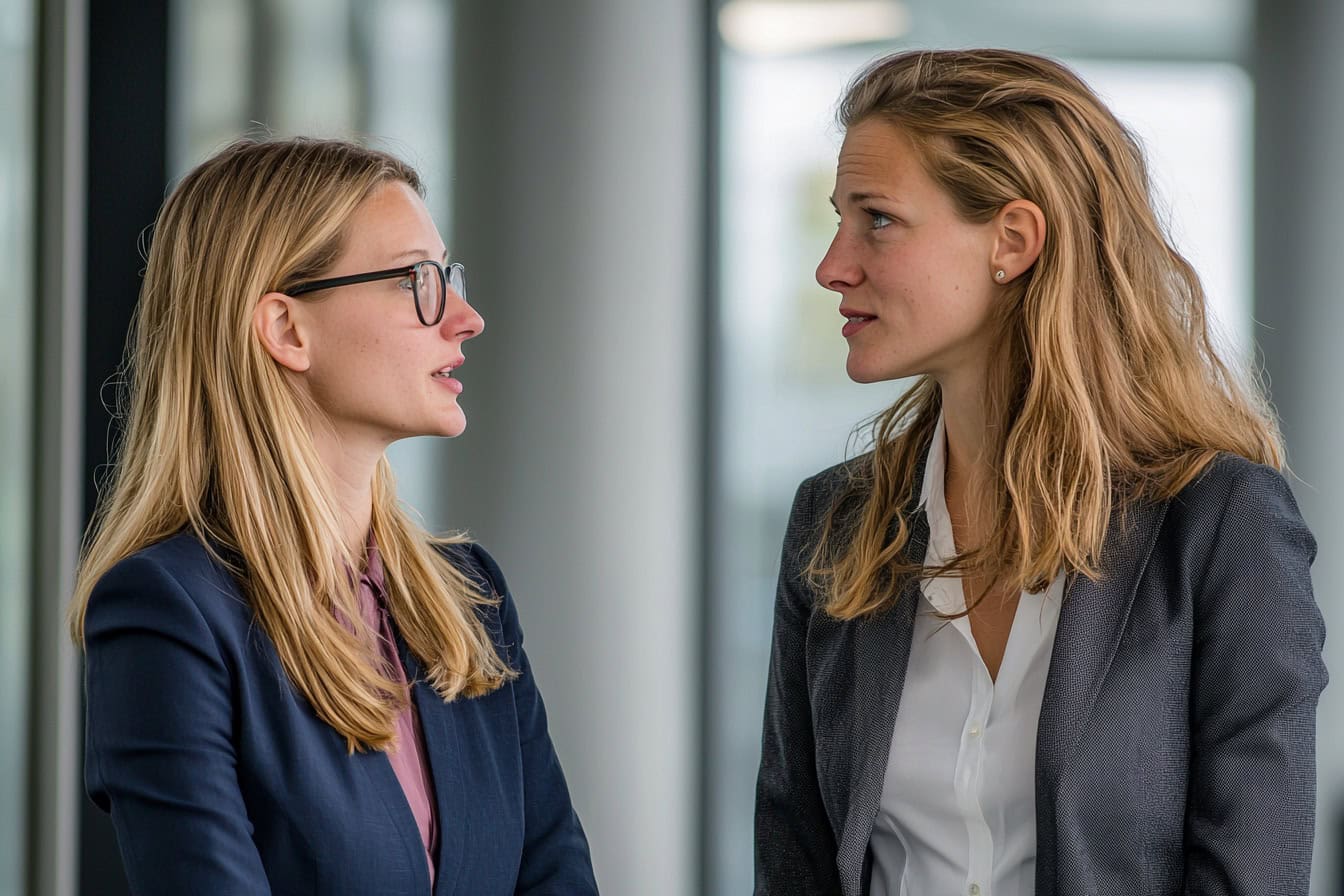 Symbolbild Magic Words: Zwei Frauen in Businesskleidung unterhalten sich.