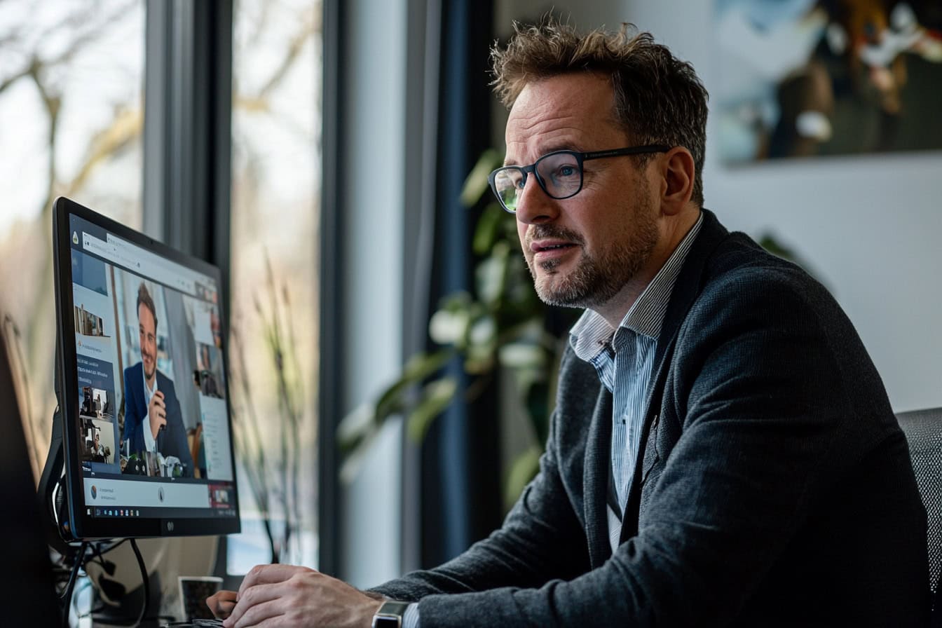 Symbolbild Remote Selling: Ein Vertriebsmitarbeiter spricht via Online-Konferenz-Tool mit seinem Kunden
