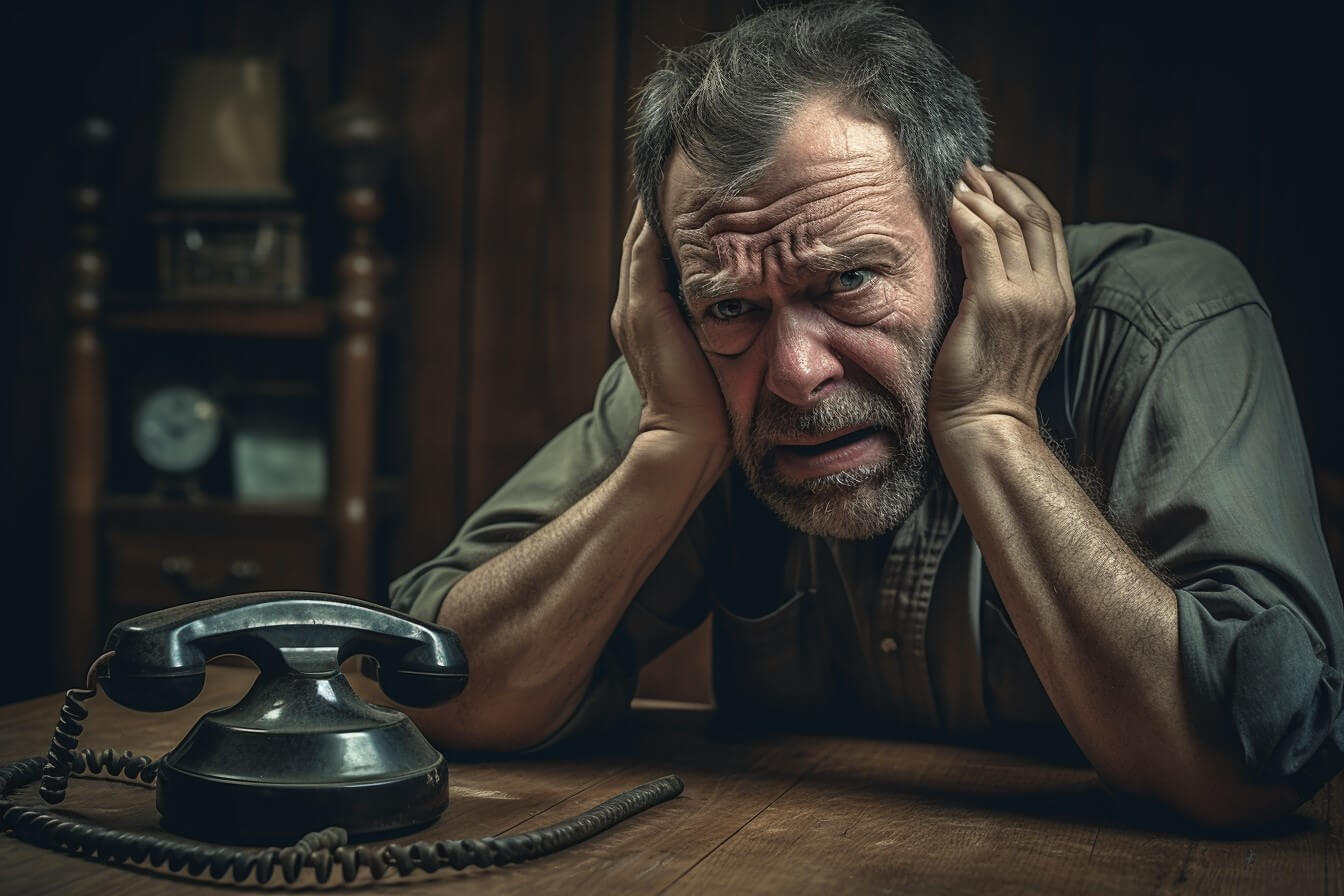 Symbolbild Telefonphobie: Mann starrt verzweifelt sein Telefon an.