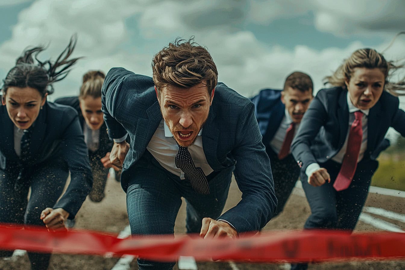 Symbolbild Vertriebskompetenzen steigern: Menschen in Businesskleidung, die einen Wettlauf machen und in Kürze das Ziel erreichen.