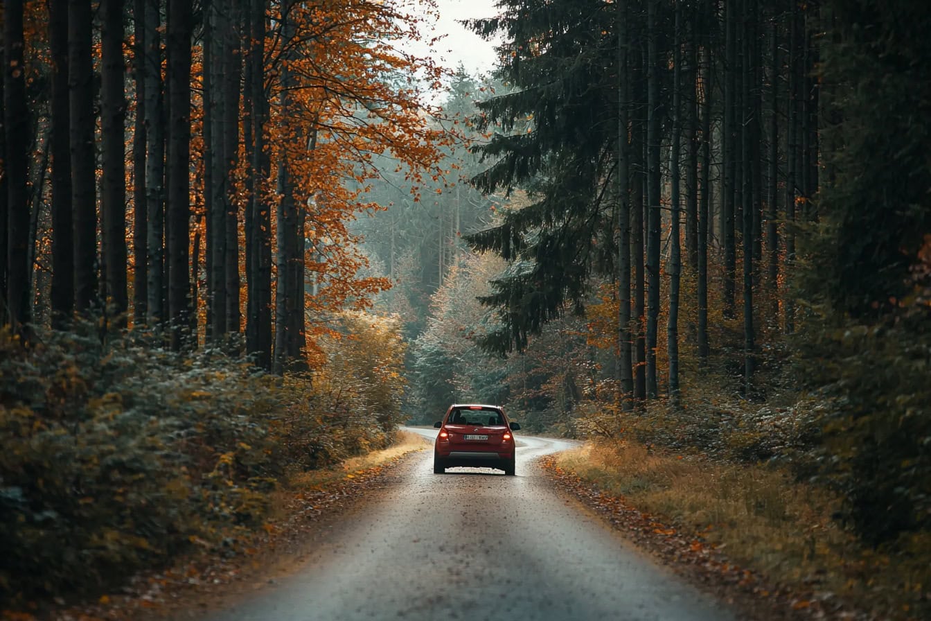 Symbolbild Vertriebswege: Ein Auto fährt auf einem schmalen Weg durch einen Wald.