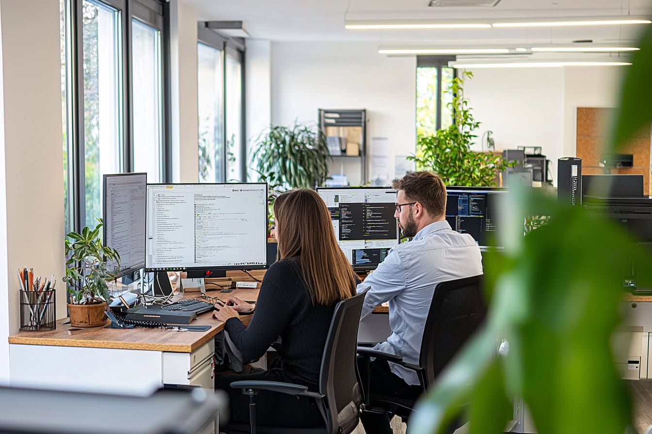 Symbolbild Verkaufen über online Beratung und Chat: Einblick in ein Großraumbüro, in welchem Mitarbeiter arbeiten.