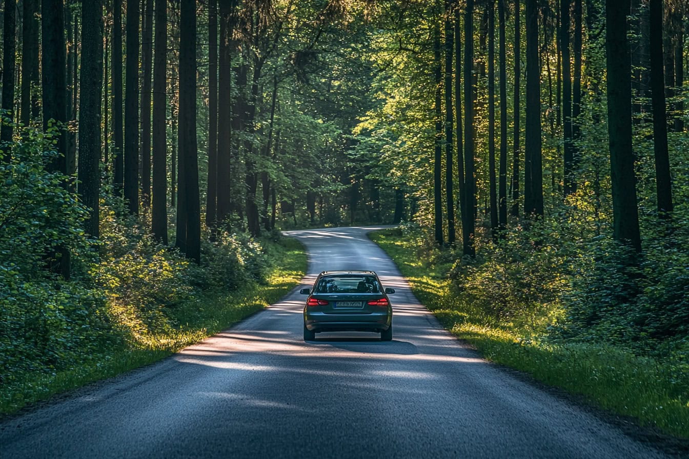 Symbolbild nachhaltiger Vertrieb: Ein Firmenwagen fährt auf einer Straße durch einen großen Wald.