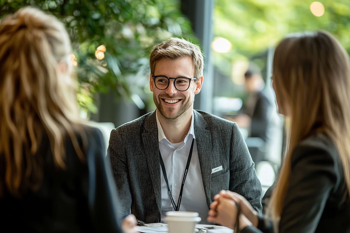 Symbolbild Storytelling im Vertrieb und Verkauf: Ein junger Mann erzählt am Tisch zwei jungen Damen eine Geschichte.