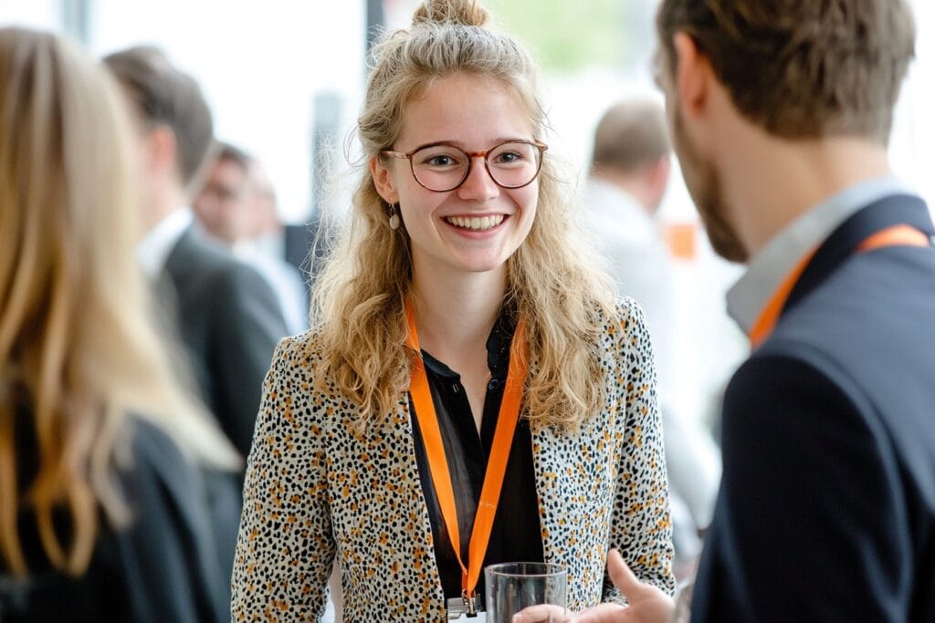 Symbolbild Generation Z im Vertrieb: Eine junge Frau unterhält sich auf einer Personalmesse mit einem Arbeitgeber.