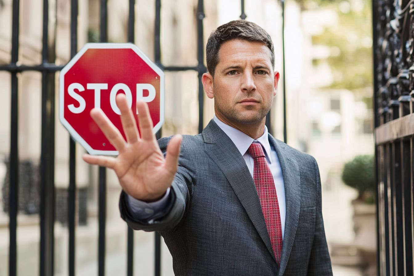 Symbolbild Einwandbehandlung: Ein Mann vor einem Stopp-Schild hält die Handfläche entgegen und signalisiert zu stoppen.