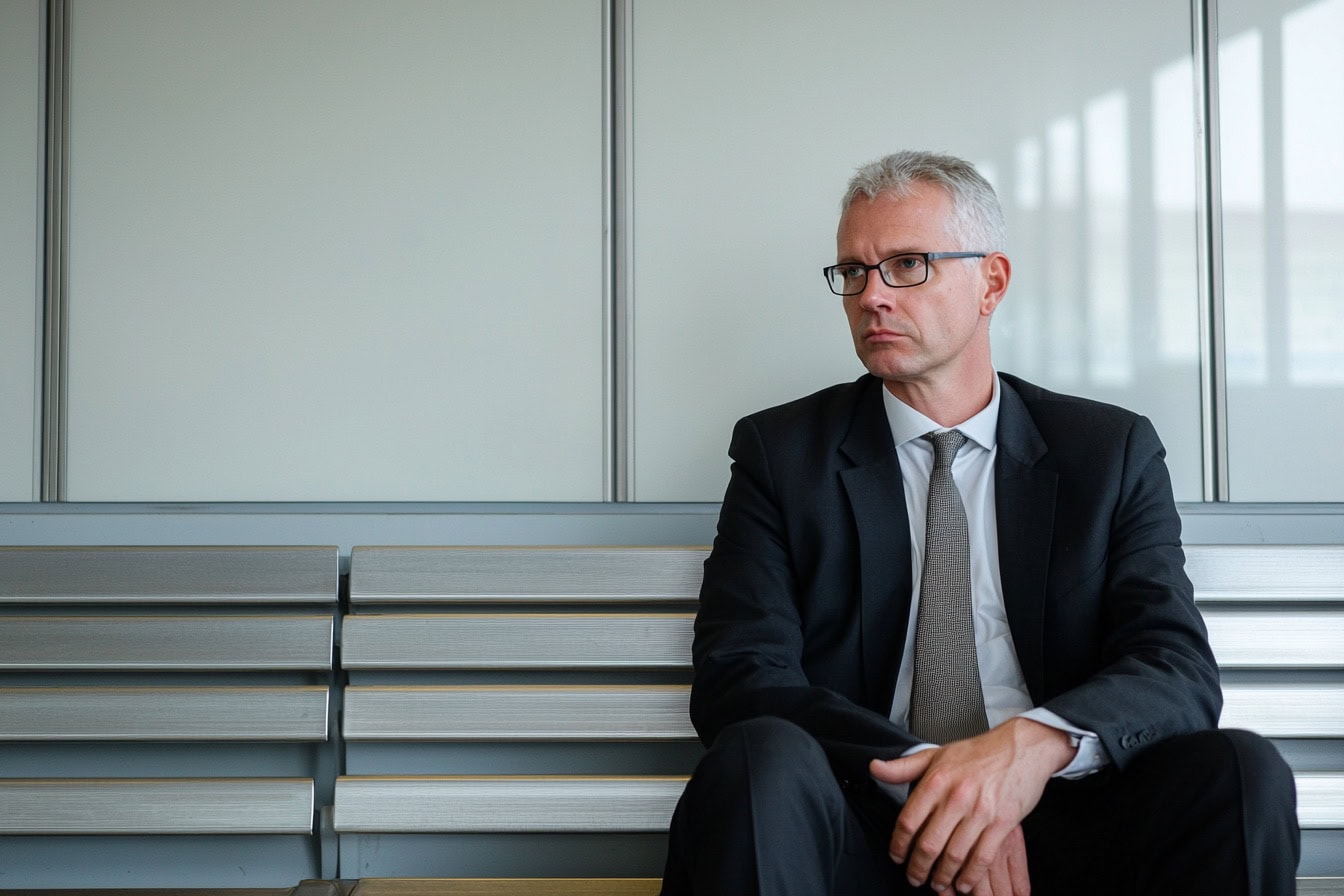 Symbolbild verkaufsaktive Zeit: Ein Vertreter sitzt alleine auf einer Wartebank in einem Saal.