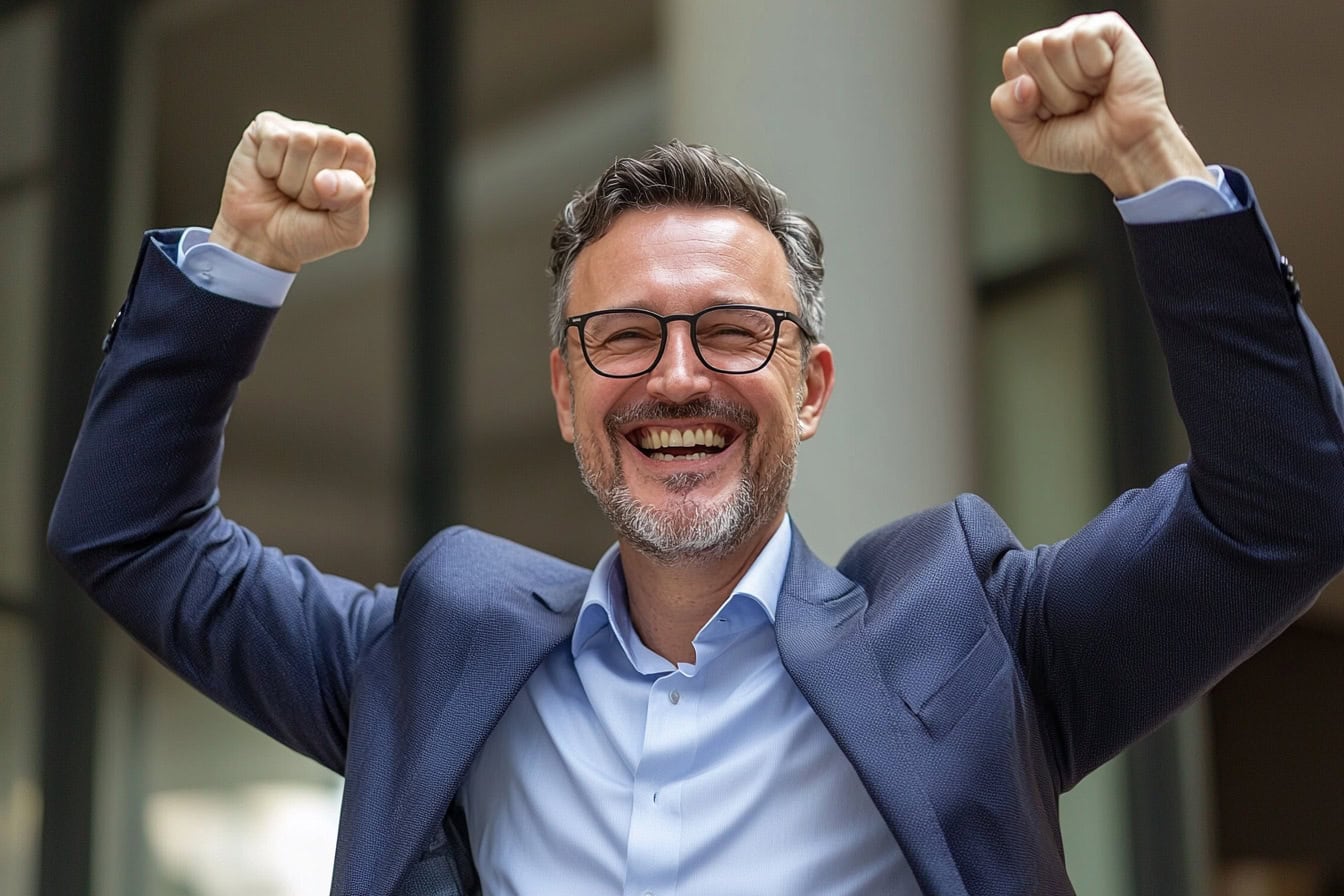 Symbolbild Verkaufstipps: Ein Geschäftsmann mittleren Alters streckt seine Arme triumphierend empor.